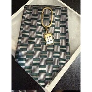 Geoffrey Beene NY Men's Silk Tie Gift Set Green Silver Geometric K Keyring
